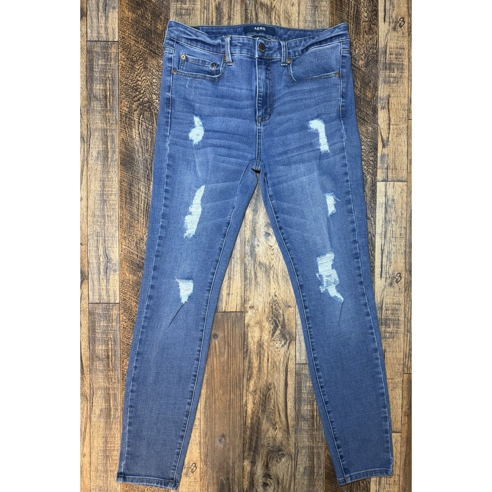 AERO High Rise Jegging Jeans Women's 10 Long Blue Denim Medium Wash Distressed‎